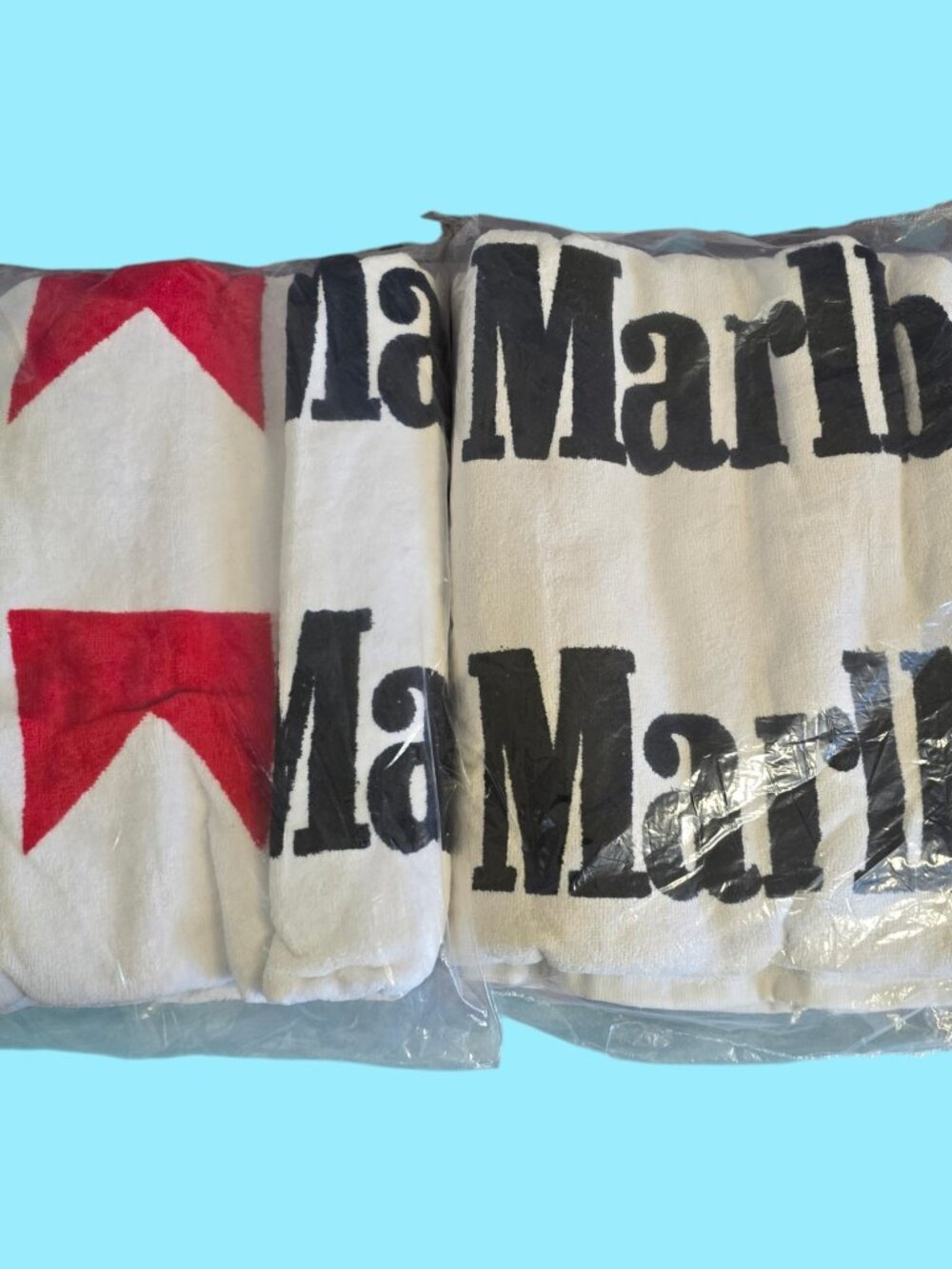 Set of 2 Vintage Marlboro Beach Towels NEW Sealed! White w/ Red & Black Print